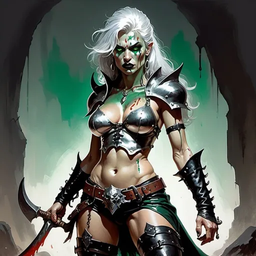 Prompt: from DND, in the art style of frank frazetta, A full body painting of a harsh-looking battle-worn woman, with shining silver hair, sparkling emerald eyes, a few scars on her face. she has fangs like a vampire. She wears a non-descript form-fitting black breastplate and tattered leather boots. The butcher's bib hangs over her armor, and casually drips tomato juice. She carries a great-axe