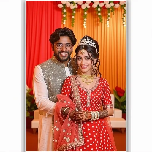 Prompt: In a beautifully adorned setting, a couple stands together, radiating joy and elegance. The woman is dressed in a vibrant red lehenga, draped in intricate floral jewelry and adorned with traditional accessories, her hair styled with a decorative tiara. Beside her, the man is clad in a light-colored kurta with an ornate jacket, his expression exuding pride and affection. The background is bathed in warm hues of red and gold, with delicate floral decorations hanging above, creating a romantic atmosphere suited for a celebration. Their entwined hands, highlighted by mehndi designs, convey a deep connection, encapsulating the essence of a joyful celebration of love.