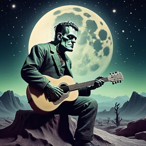 Prompt: (vintage) Frankenstein playing guitar, cosmic atmosphere, detailed moon surface, starry sky background, classic horror elements, vibrant yet muted color palette, otherworldly vibe, whimsical yet eerie ambiance, HD ultra-detailed, a blend of nostalgia and fantasy, capturing an iconic moment in a surreal setting.