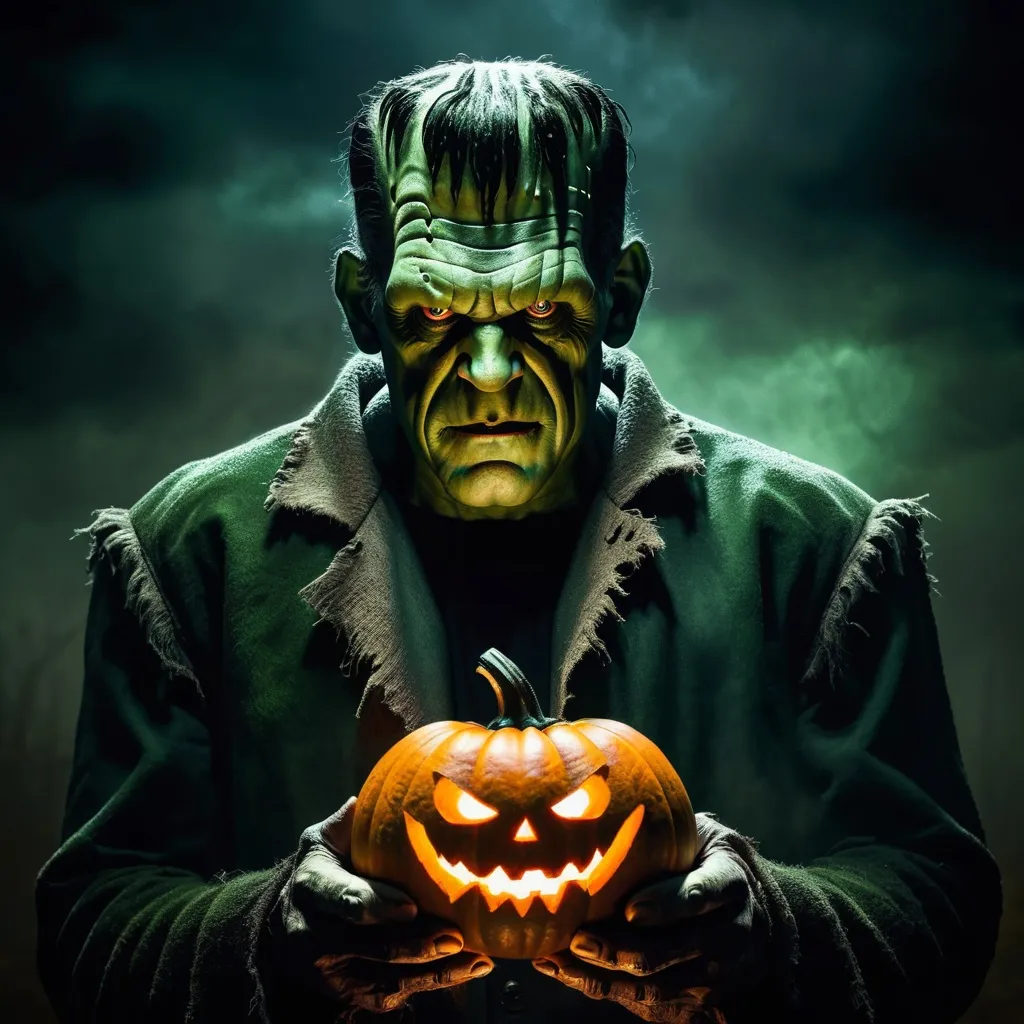 Prompt: Frankenstein holding a terrifying pumpkin, (spooky mood), gloomy atmosphere, jagged shadows, eerie lighting, dark background, artistic textures, crisp details; vivid colors like deep greens and burnt oranges, haunting expression; 4K, ultra-detailed, cinematic quality, dramatic perspective.