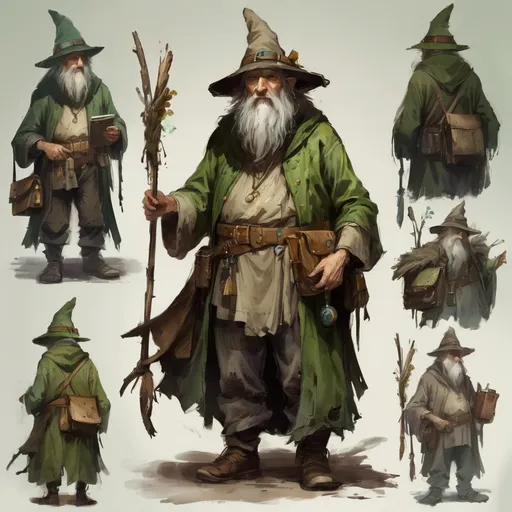 Prompt: A rustic wizard. tall but stooped with age, he wears ragged robes in muted browns and greens. A variety of pouches, and bundles of small bones, sticks and trinkets hang from a worn leather belt.  His bears is long and grey and he wears a battered, patched, old pointy hat of faded green with a wide brim. He stands at a parting in a natural hawthorn hedge, in the background is a forest of oaks, ash and elm. On his shoulder is perched a tawny owl. The wizard carries a long, gnarled staff. He has on a backpack that is very full. The palette of the image is very much autumnal growns, faded greens and greys. 