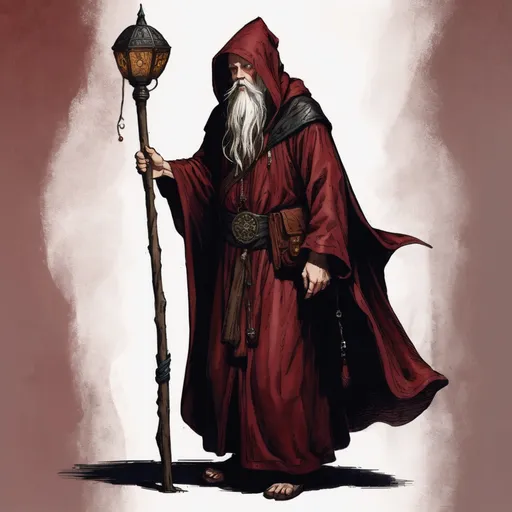 Prompt: A full length image. A middle aged wizard. tall, slim,  but stooped, he wears long robes of deep red and black. A variety of pouches, and trinkets hang from a worn leather belt. His beard is short, and his hair long and brown. He wears a hooded cloak of dark red and the hood is up. The wizard carries a long, straight staff topped with an orange crystal. He has on a backpack.
