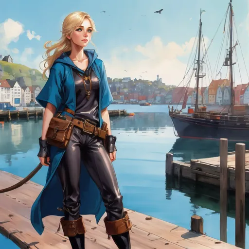 Prompt: A female wizard. Blond hair, green eyes. She wears a blue tunic edged in black, grown trousers and knee high boots. A variety of pouches and trinkets hang from a leather belt.  She is standing on a dock in a harbour looking out to sea. In the background is a harbour bustling with activity. On her shoulder is perched a Pine Marten with a striped tail. SHe has on a backpack that is very full. The palette of the image is very much sea greys and blues. 
