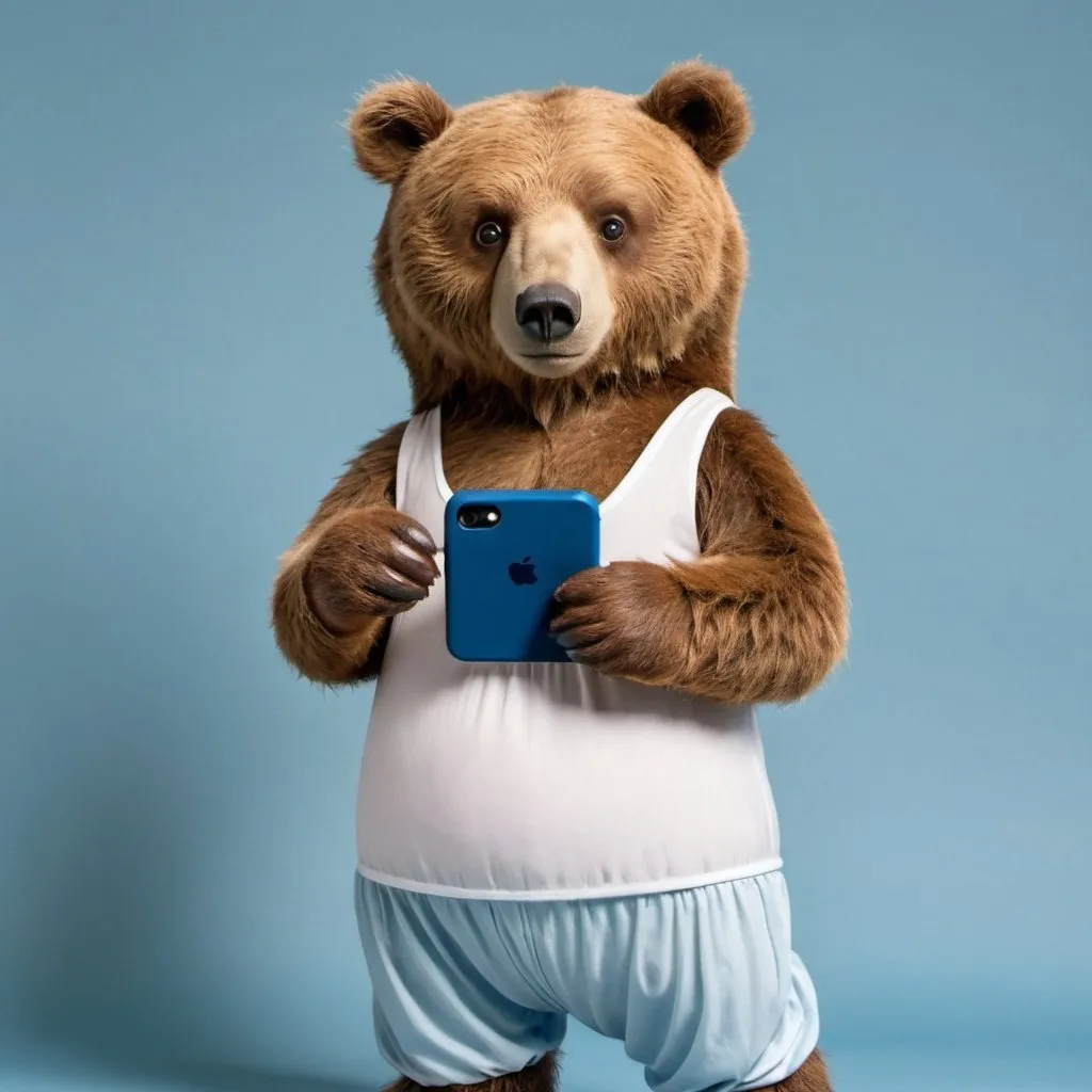 Prompt: A brown bear wearing a white fabric dress and blue fabric pants and holding an iPhone