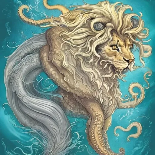 Prompt: Make me a mythical creature that looks like a lion and a sea creature