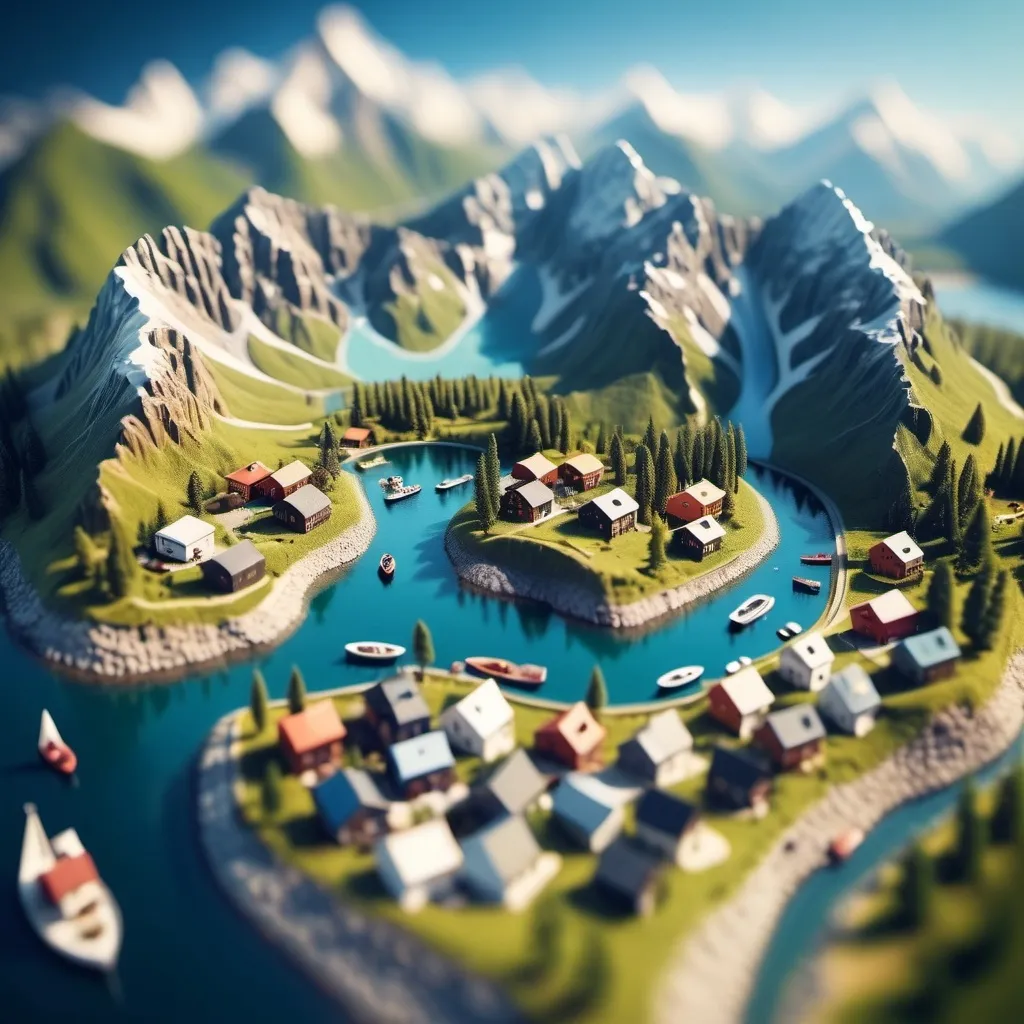 Prompt: aerial view, tilt-shift, isometric miniature world, detailed landscape world render with tiny houses and boats, mountains with lakes