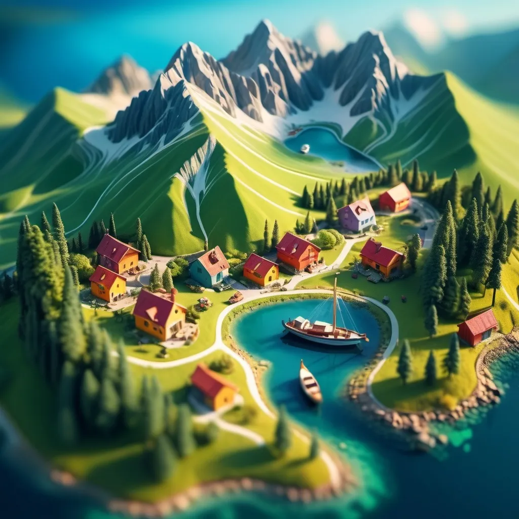 Prompt: aerial view, tilt-shift, isometric miniature world, detailed landscape world render with tiny houses and boats, mountains with lakes