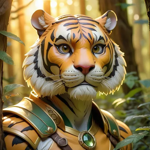 Prompt: Tiger ranger in a mystical forest, golden hour sunlight filtering through trees, detailed facial features, fantasy illustration, highres, mystical, detailed foliage, elvish, enchanted, sunlight, fantasy, detailed eyes, atmospheric lighting