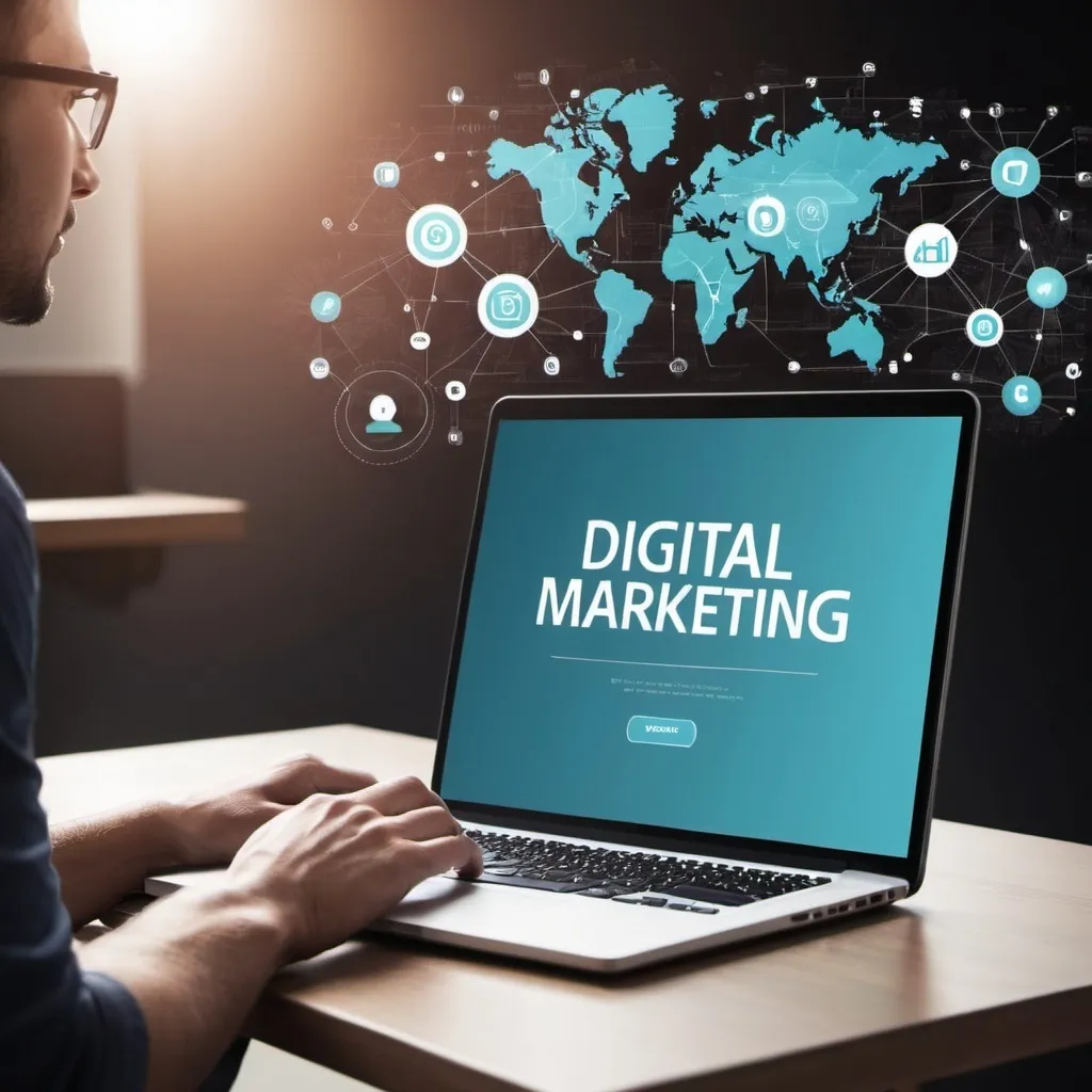 Prompt: Digital marketing with growing with laptop useing man
