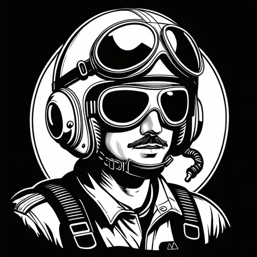 Prompt: A vintage pilot with a pilot helmet, illustrated in black and white outlines