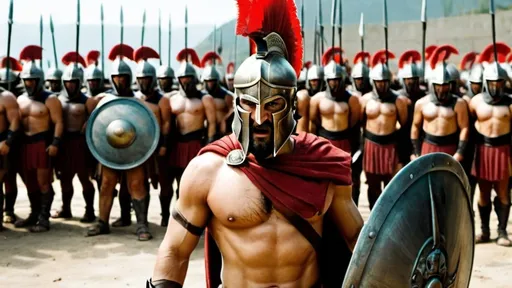 Prompt: Leonidas the character from the film 300 is dressed in full spartan battle garb,he holds his shield and sword and wears his distinctive spartan helmet with the red plume.His stance shows him in a relaxed purposeful state.His body is visible from his mid thigh and ends above his head. He looks directly into the camera with a neutral facial expression.In the background his troops are in a defensive formation.