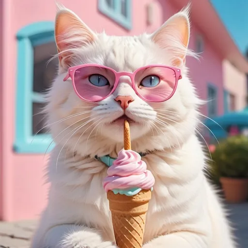 Prompt: (white sweet cat), girl with (soft blonde hair), (pastel colors), wearing (pink sunglasses), cat happily eating ice cream, light and cheerful ambiance, cozy background, dreamy atmosphere, gentle hues of pink and blue, (highly detailed), a sunny day scene, whimsical feel, sharp contrast in elements, ultra-detailed fur on the cat, lovely summer vibes.