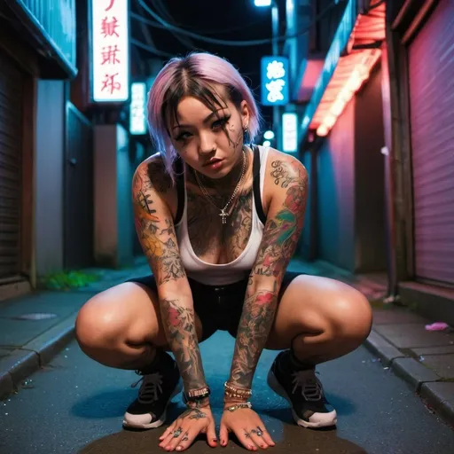 Prompt: A young woman rapper, with tattoos on her face and body, crouching on a street at night time, surrounded by neon lights in a japanese alley