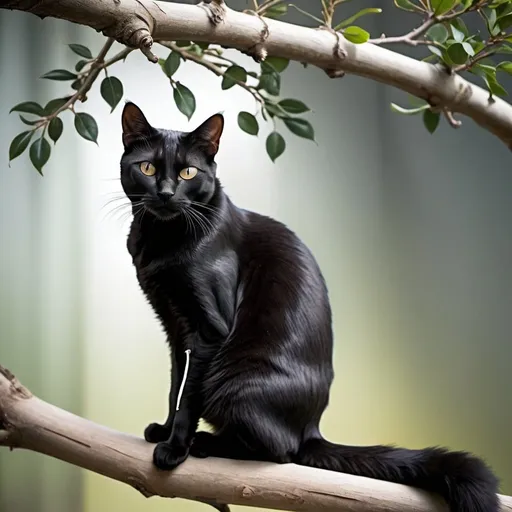 Prompt: A black cat with a neck featuring two large, very loosely hanging smooth ballocks with androgenic hairs, sitting on a branch. high quality