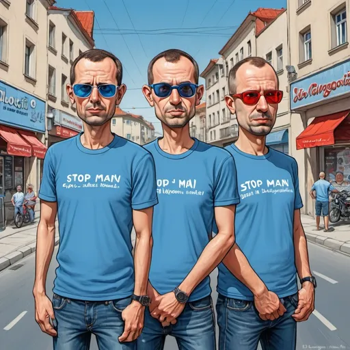 Prompt: Whimsical caricature art of three men with very short hair in blue shirts.The t-shirts have the inscription "STOP BAND". One man have sunglasses with red lenses. All three standing in front of a street with cars and buildings in the background. Avgust Černigoj, les automatistes, zabrocki,HDR,300DPI 