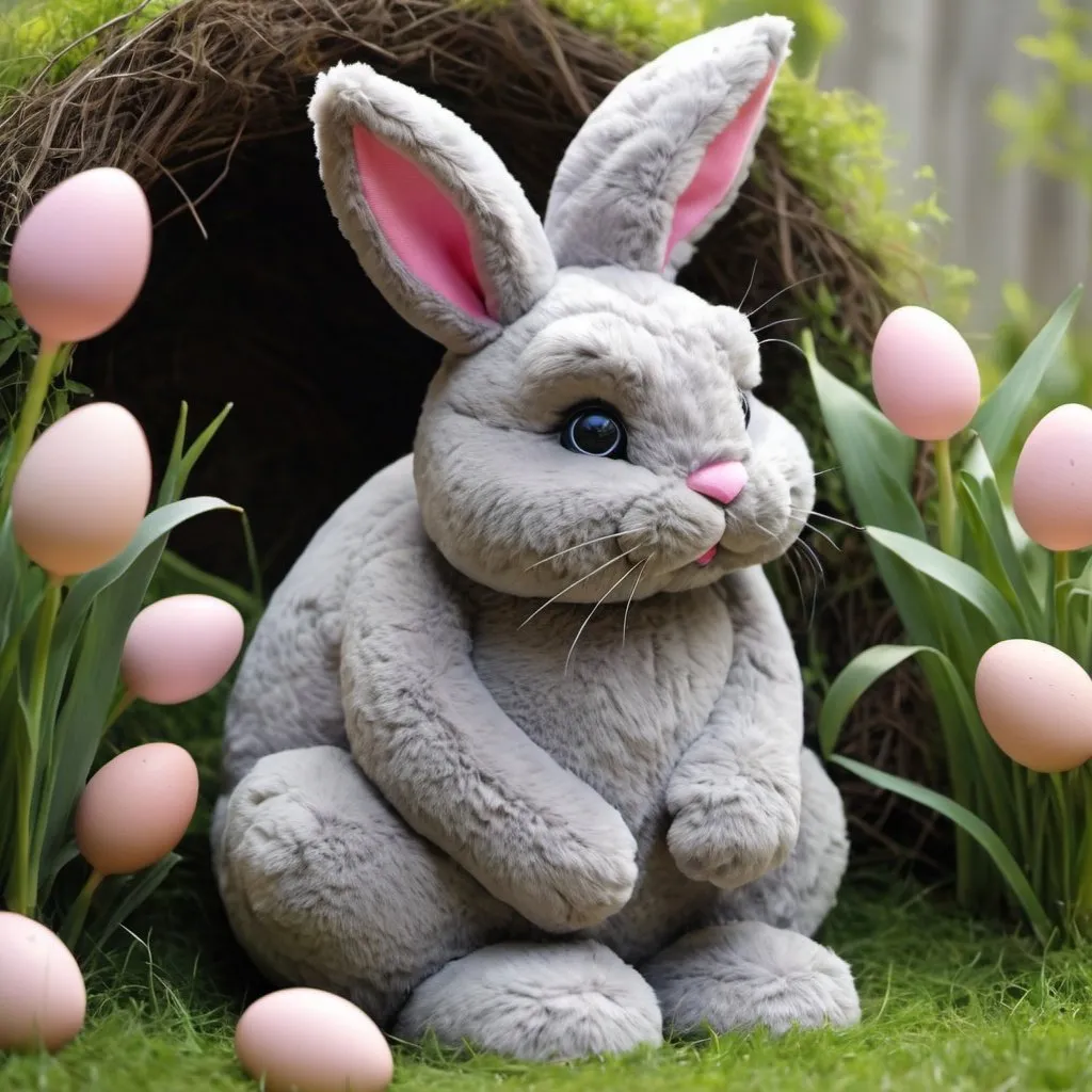 Prompt: large grey fluffy Easter bunny sits in contemplation, its soft plush fur enveloping it like a cozy cloud. Its pink nose twitches as it ponders the mysteries of springtime and the joy of hidden eggs. Perhaps it wonders about the children who will soon seek out those colorful treasures, their laughter echoing through sun-dappled gardens- bing