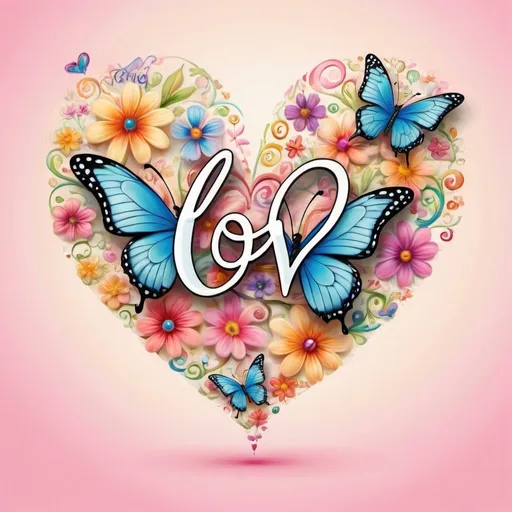 Prompt: Prompt:

Whimsical, airbrush oil ink. Against a pastel colors background, there are a few very colorful butterflies. In the center, there is a heart image surrounded by colorful floral designs. The text “LOVE” in a beautiful script font is displayed upon the heart image,
3D,HD.