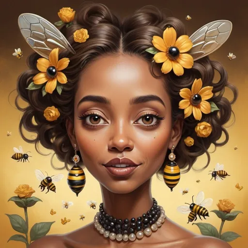 Prompt: Prompt: a piece of artwork that contains a cute caricature bee, a caricature lady, in their hair shiny jewelery, on their face some shiny little rustcolor gems, flowery detailed background, in the style of Richard avedon, powerful and emotive portraiture,  beautifull lighting, 8k resolution ,the bee and lady interact in some way,the bee whispering something in her ear, the lady react with surprise or delight..Include subtle references to nature or mythology.Include flowers or leaves in their hair.Add a touch of surrealism to the artwork.Add unexpected elements to the background.