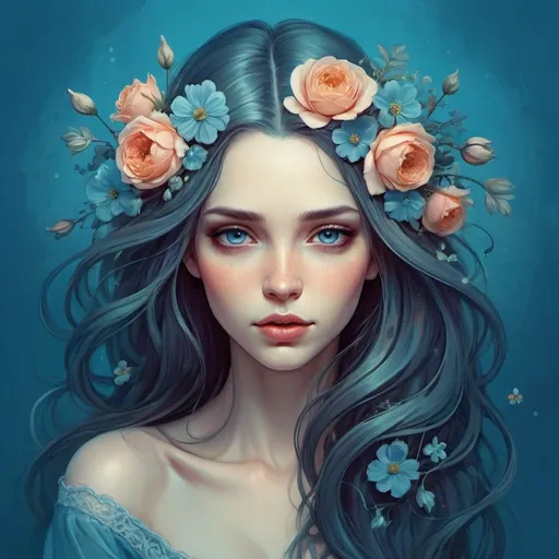 Prompt: a woman's head with long hair and flowers in the shape of a heart on a blue background, Anna Dittmann, fantasy art, highly detailed digital painting, digital art