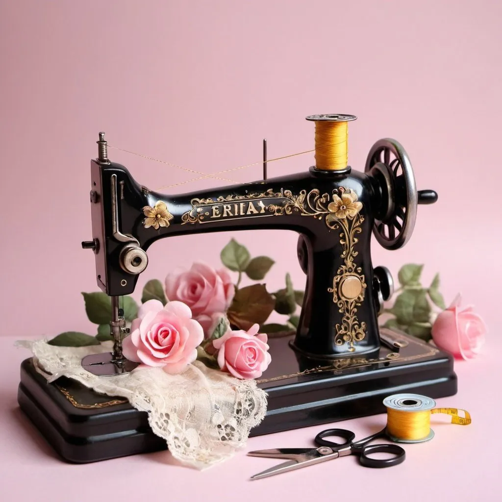 Prompt: Prompt:
Create a 3d image contains a vintage sewing machine with black and gold accents. The machine is decorated with flowers and vines, and a spool of thread is on the needle. The machine is sitting on a table with two pairs of scissors and a tape measure on the table. The background is a pink gradient, and the image has a soft, romantic feel to it and the name ERIKA over the sewing machine.