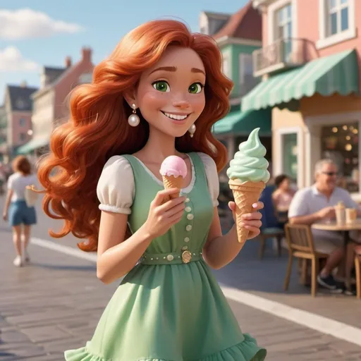 Prompt: Glossy Pixar style of a bubbly gold brown skin European woman with long, flowing vibrant red hair, embellished with dainty diamond earrings and a pearl necklace. She dons a chic green sundress with ruffled details and white sneakers, her green eyes twinkling with joy. This character skips along a sun-kissed boardwalk, her laughter echoing against the backdrop of a bustling seaside town, holding an ice cream cone in one hand.