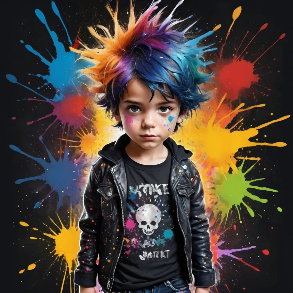 Prompt: "Create a digital artwork of a  boy child with wild, colorful hair, surrounded by an explosion of paint splatters and sparkles. He should be wearing modern dark blue t-shirt, black leather jacket and black ripped jeans. Wearing black boots.."