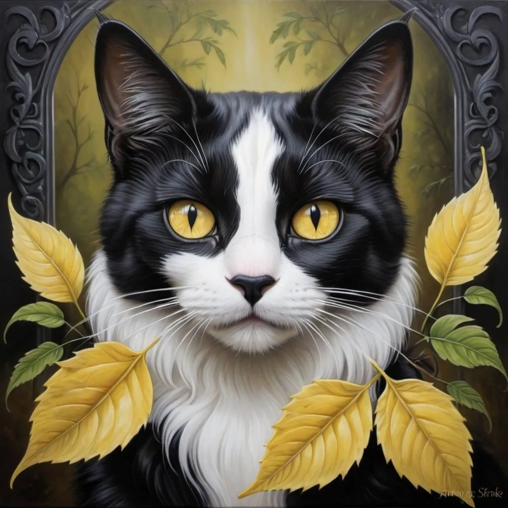 Prompt: a painting of a cat with a white face and yellow eyes and a black tail with a leaf on it, Anne Stokes, gothic art, symmetrical eyes, a photorealistic painting