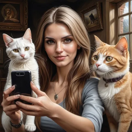 Prompt: a woman taking a selfie of a dog and cat with a cell phone in her hand and a cat on the other side of the picture, Anne Stokes, fantastic realism, highly detailed digital painting, a photorealistic painting