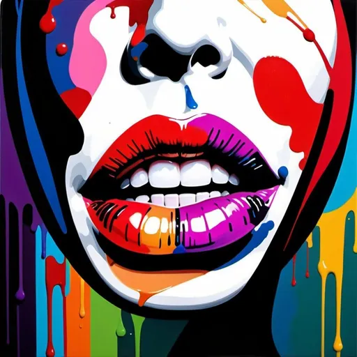 Prompt: Create an image of vibrant, colorful lips, stylized with musical elements. The lips are slightly parted in the center, revealing a hint of teeth. The style is a blend of realism and surrealism, with the lips highly detailed and shaded to convey volume and texture. Both the upper and lower lips have a high gloss, suggesting moisture. The colors of the lips transition smoothly from purple to pink to orange, emulating the look of a colorful gradient. Musical notes and symbols such as treble clefs and eighth notes are intricately intertwined with the lips' lines, some in solid black and others filled with the gradient colors.

The background is stark white but erupts into a myriad of bold, electric colors around the lips, featuring splashes and drips of paint that give the piece a dynamic, street-art feel. These vibrant splatters are in red, blue, green, yellow, and pink, with black accents that enhance their intensity. The lower part of the image has more significant paint drips, elongating towards the bottom.

The artwork emanates energy and rhythm, seemingly translating the music into visual form. The composition is centrally focused on the lips, with the background abstract elements radiating outward, creating a sense of movement. An artist could recreate this by starting with a detailed drawing of realistic lips, then infusing them with the outlined musical symbols, and finally adding the vividly colored paint splatters and drips to complete the composition.