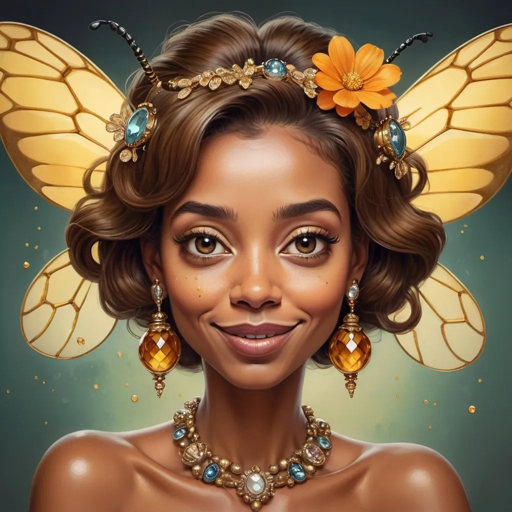 Prompt: Prompt: a piece of artwork that contains a cute caricature bee, a caricature lady, in their hair shiny jewelery, on their face some shiny little rustcolor gems, flowery detailed background, in the style of Richard avedon, powerful and emotive portraiture,  beautifull lighting, 8k resolution ,the bee and lady interact in some way.