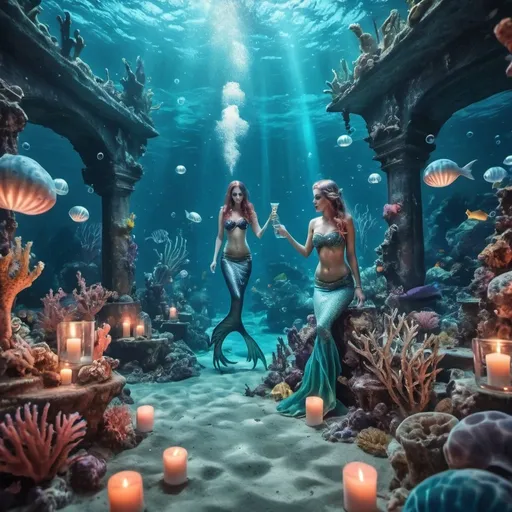 Prompt: A realistic and scary underwater party with mermaids at a coral reef with bubbles,Make it a night party with lights,shipwreck,some skeletons