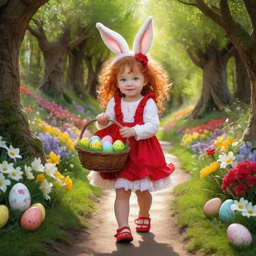 Prompt: pormpt: Create a hyper realistic, whimsical, centered, cute European 2 year old, green eyes, holding an easter basket filled with eggs, long vibrant red curly hair, dressed in bright red and lime green dress with layers of ruffles and lace, matching shoes, hair accesories,prancing down a lane, hiding eggs behind the flowers and trees, background of Fluffy White easter bunny, woods, path and flowers, vibrant colors, vivid details, in the style of Josephine wall.