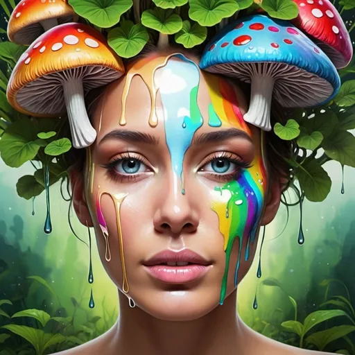 Prompt: Design a surreal portrait of a face where the skin appears metallic and reflective. Adorn the face with vibrant and colorful elements such as dripping rainbows, glowing mushrooms, and lush greenery. Strive for a harmonious blend of technology and nature.”