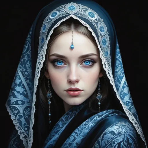 Prompt: a woman with blue eyes and a black veil on her head and a black background with a white and blue pattern, Anna Dittmann, gothic art, highly detailed digital painting, a photorealistic painting