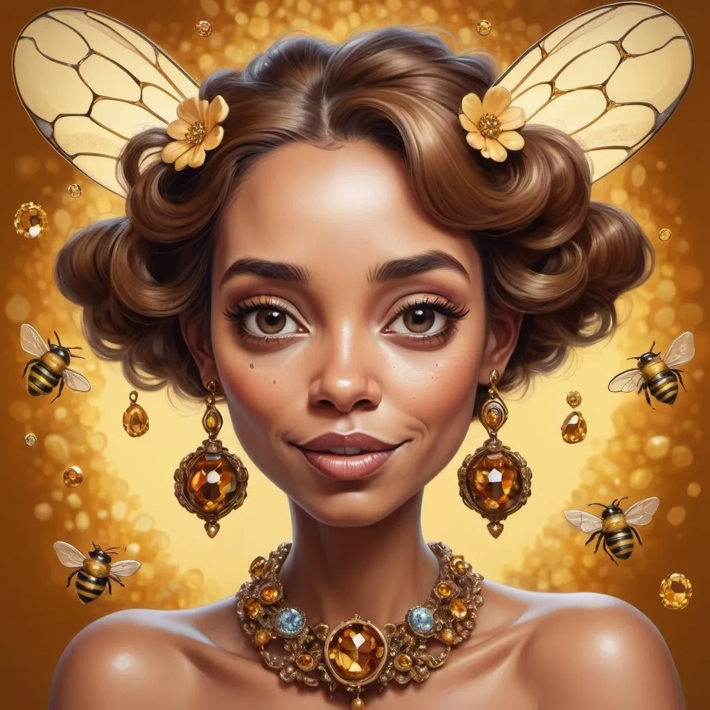 Prompt: Prompt: a piece of artwork that contains a cute caricature bee, a caricature lady, in their hair shiny jewelery, on their face some shiny little rustcolor gems, flowery detailed background, in the style of Richard avedon, powerful and emotive portraiture,  beautifull lighting, 8k resolution 