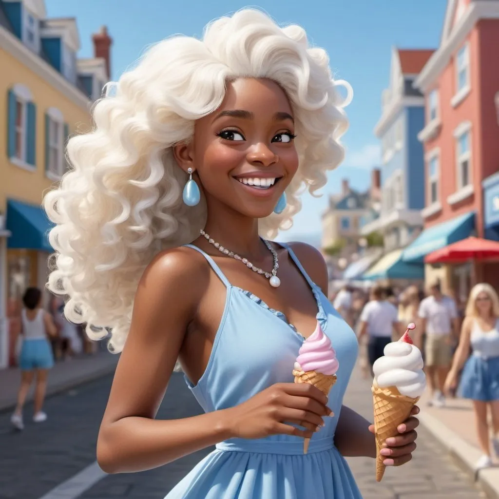 Prompt: Glossy Pixar style of a bubbly Afro-European woman with long, flowing platinum blonde hair, embellished with dainty diamond earrings and a pearl necklace. She dons a chic blue sundress with ruffled details and white sneakers, her blue eyes twinkling with joy. This character skips along a sun-kissed boardwalk, her laughter echoing against the backdrop of a bustling seaside town, holding an ice cream cone in one hand.
