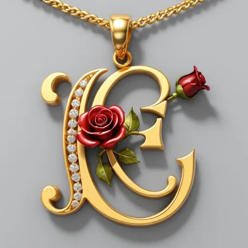 Prompt: Create a gold pendant from the initial "E"in calligraphy, in the initial "E" is sprinkled with some small diamonds, intertwined with a golden rose with a red diamond instead of a flower, the initial is clearly visible, 3D, 48K