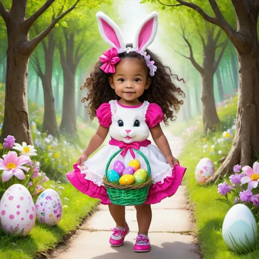 Prompt: pormpt: Create a hyper realistic, whimsical, centered, cute Blasian 2 year old, hazel eyes, holding an easter basket filled with eggs, long dark curly hair, dressed in bright pink and lime green dress with layers of ruffles and lace, matching shoes, hair accesories,prancing down a lane, hiding eggs behind the flowers and trees, background of Fluffy White easter bunny, woods, path and flowers, vibrant colors, vivid details, in the style of Josephine wall
