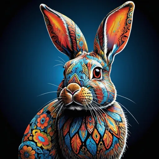 Prompt: a colorful rabbit with a black background and a blue background with a bright pattern on it's face, artist, computer art, highly detailed digital art, computer graphics