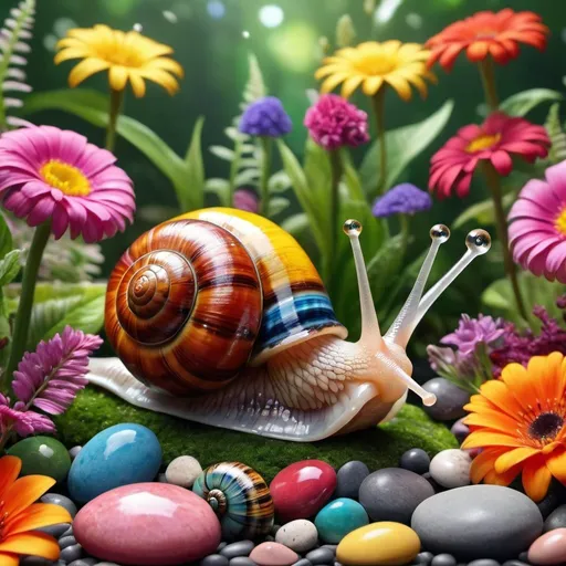 Prompt: create a hyper realistic image of an enchanting scene featuring a colourful glass, multi-colored snail nestled among a vibrant garden flowers and plants. The backdrop should consist of colorful pebbles, ultra HD 64k hyperrealism