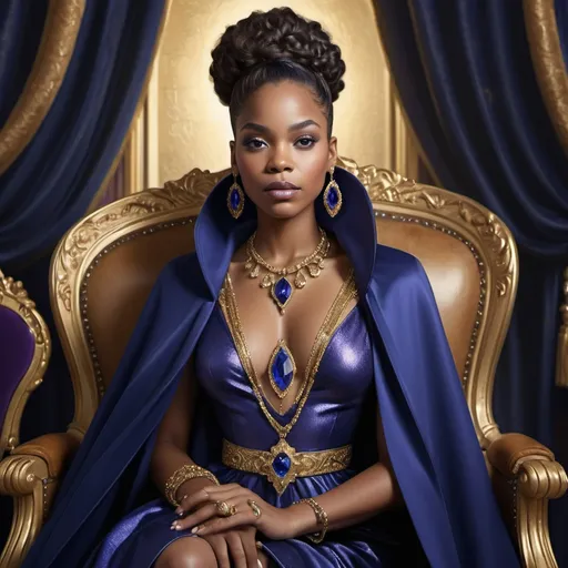 Prompt: Create a detailed, high-resolution digital artwork featuring a confident African American woman in regal attire. with rich caramel skin and a striking hairstyle blending midnight blue and violet hues. She wears a shimmering indigo cloak with silver and gold accents, a jewel-adorned gown, and holds a jeweled scepter. She sits on a golden chair surrounded by a room adorned with deep blue and gold accents