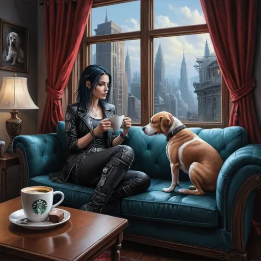 Prompt: a painting of a woman sitting on a couch with a dog and a cup of coffee in front of a window, Anne Stokes, computer art, highly detailed digital painting, cyberpunk art