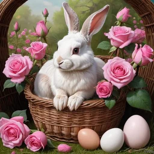 Prompt: a painting of a bunny sitting in a basket with flowers and eggs on it's side, with a pink rose and pink roses in the background, Anne Stokes, furry art, highly detailed digital art, computer graphics