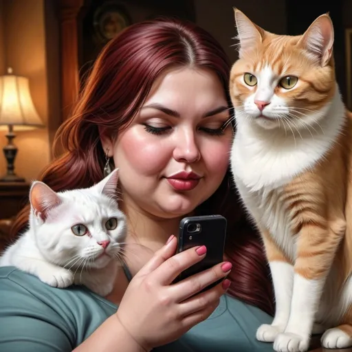 Prompt: a chubby woman taking a selfie of a dog and cat with a cell phone in her hand and a cat on the other side of the picture, making a kiss with her lips ,Anne Stokes, fantastic realism, highly detailed digital painting, a photorealistic painting