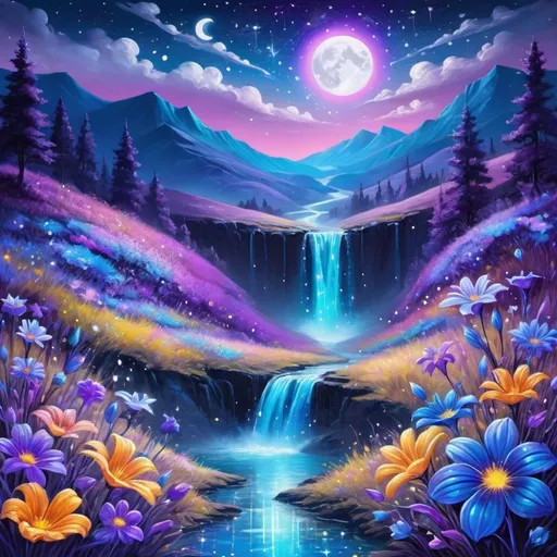 Prompt: Prompt: glowing images of a fantastic valley with funky flora and colors. Iridescent starry night with a shimmer moon. colorful flowers of the  hills. a waterfall sparkling foam in the background. with splashes. The whole scene is painted with vibrant and luminescent bright fluorescent mesmerizing blue silver and purple