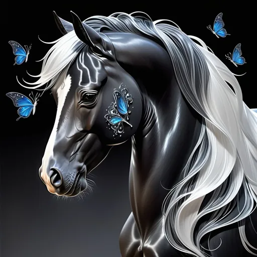 Prompt: Beautiful midnight black horse with ombre-colored highlights, long hair, silver details on its body against a large dark background, shimmering liquid metal velvet mane, liquid metal swirling mesmerizingtail with liquid silver streaks, glittering white diamond accents adorned around the edges of the mane, tail shimmering creating a mesmerizing effect, a flying butterfly next to it, in the style of realistic style, high resolution, very detailed, colorful lights, sparkling stars, a starry sky in the night sky, shining like diamonds, glowing with bright light. 3D, unreal engine, ultra photo realistic, hasselblad, The whole scene is illuminated by soft and warm colors. A magical atmosphere that will inspire people's imagination.