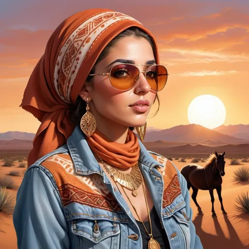 Prompt: Create a digital airbrush illustration with a warm, sunset palette. Depict a Middle Eastern woman with a traditional headscarf tied securely. Delicate gold earrings and a layered necklace with intricate patterns adorn her. She has a confident expression and exudes a touch of western flair in a denim jacket paired with high-waisted jeans and sleek cowboy boots. Stylish aviator sunglasses rest on her head. Position her against a backdrop of a sprawling desert landscape at sunset. Include details like rolling sand dunes painted in hues of orange and red, a lone cactus silhouetted against the sky, and a distant herd of horses silhouetted on the horizon.

