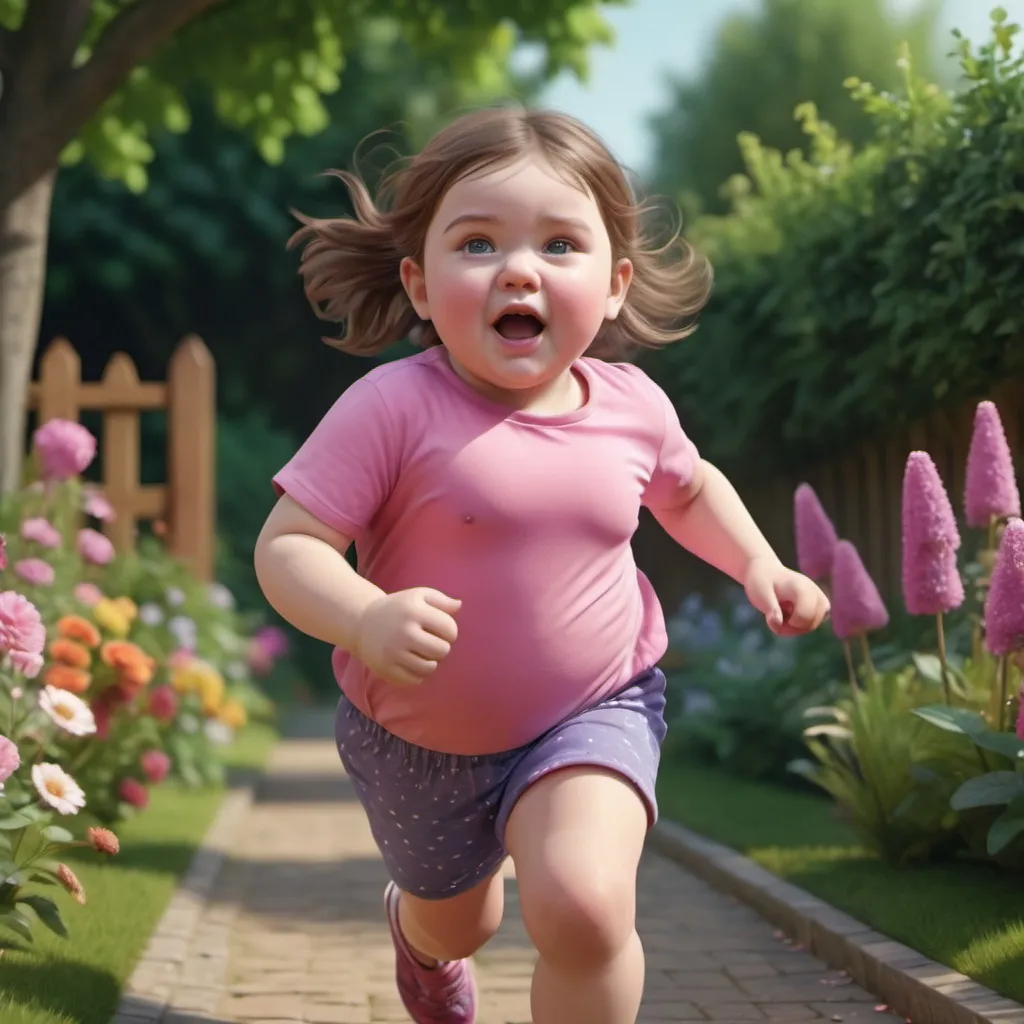 Prompt: create a hyper realistic image of a 3D ,8D beautiful chubby small girl with pink cheeks, running fastly, close up ,background colourful garden, ultra HD 64k resolution hyperrealism cinematic photography