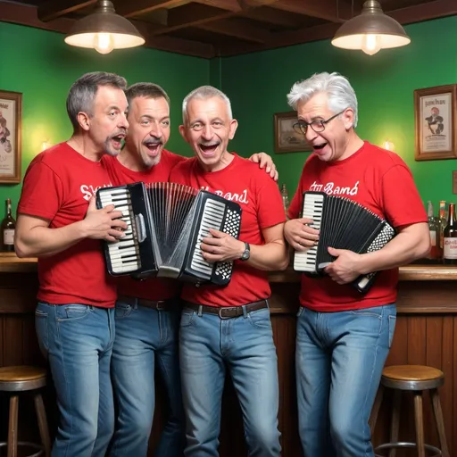 Prompt: Whimsical caricature art, one man with brown short hair in red T-shirt with the inscription "STOP BAND" are holding and playing an accordion, two men with very short straight, silver hair in red T-shirt with the inscription "STOP BAND" standing behind him,one of two  man squats on the top of the bar.All three have big ears and noses, wearing jeans and posing for a picture together in a room with a bar and a green light behind them,HDR,300DPI, a character portrait, style of the Richard avedon,8k resolution