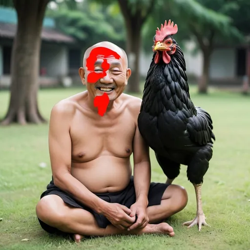 Prompt:  : funny photography A black feathered chicken with the head of old Asian man no hair, anatomical errors, silly smile, clean Asia face, sitting on the grass